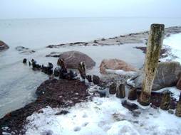 stones and ice at the Baltic Sea Shore in winter